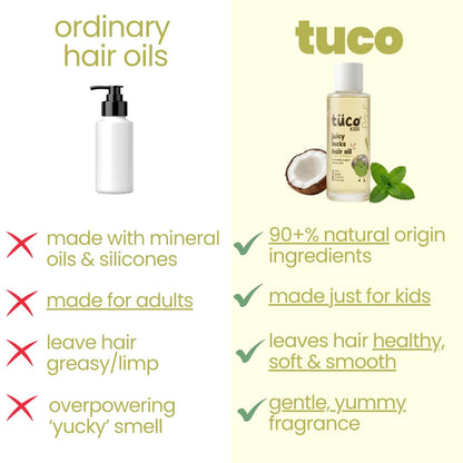 Comparison chart of 'ordinary hair oils' vs 'tuüo' hair oil for kids, highlighting benefits and features.