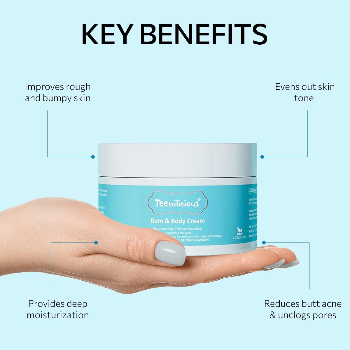 Teenilicious Bum Body Cream for Butt Acne 100gm - Improves Rough and Bumpy Skin, Reduces Butt Acne, Boosts Deep Moisturisation, Unclogs Skin Pores, Evens Skin Tone