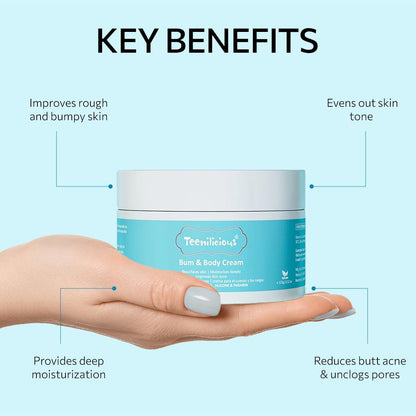 Teenilicious Bum Body Cream for Butt Acne 100gm - Improves Rough and Bumpy Skin, Reduces Butt Acne, Boosts Deep Moisturisation, Unclogs Skin Pores, Evens Skin Tone