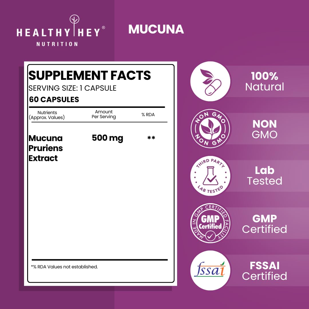 Supplement facts label for Mucuna capsules by Healthy Hey Nutrition on a purple background with certification logos.