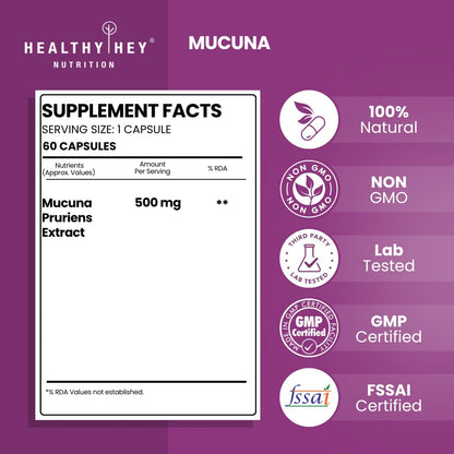 Supplement facts label for Mucuna capsules by Healthy Hey Nutrition on a purple background with certification logos.