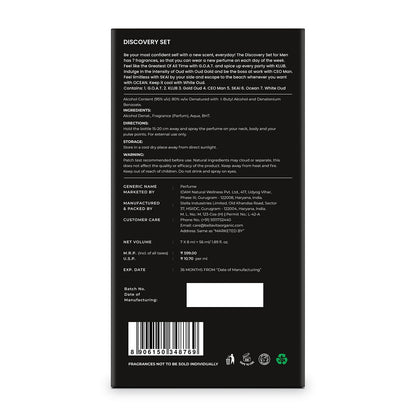 Back of a perfume packaging with text and barcode on a white background
