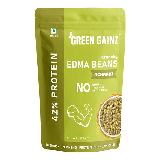 Green Gainz Roasted Edamame Achaari Flavour 100gm | Healthy Namkeen Snacks | 100% Veg Protein Rich Snack | Fiber Rich | No Palm Oil | Roasted, Not Fried