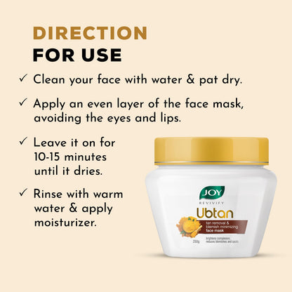 Joy Ubtan Tan Removal Face Pack (250gm) | Detan Pack with Kaolin Clay, Sandalwood, Turmeric & Saffron for Natural Glow | Exfoliates Skin & Minimizes Blemishes | For All Skin Types; Men & Women