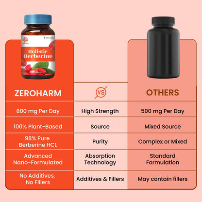 ZEROHARM Holistic Nano Berberine Supplement 98% Pure | Plant-based Berberine Tablets with 800mg per serving | Supports Blood Sugar, Metabolism, Cholesterol Levels & Hormonal Balance | 60 Tablets