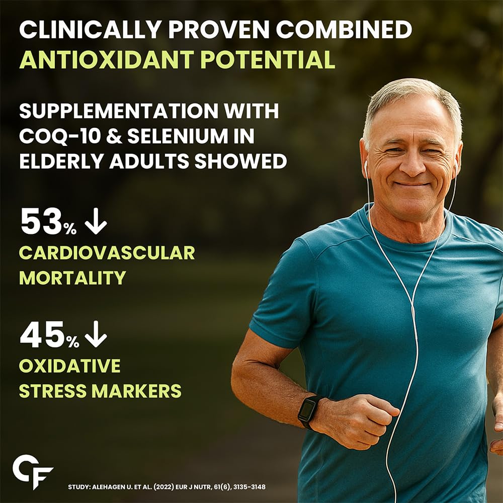 Man running outdoors with health supplement information text overlay