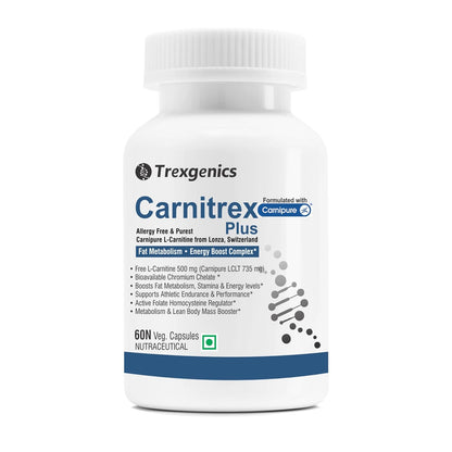 Trexgenics® CARNITREX PLUS -CARNIPURE (Lonza, Switzerland) L-Carnitine L-Tartrate 735mg,Chromium Picolinate 208 mcg and Active folate 200 mcg - Synergistic Fat Metabolism, Energy, Endurance & Performance Boost Advanced formula (60 Veg. Capsules) pack of 1