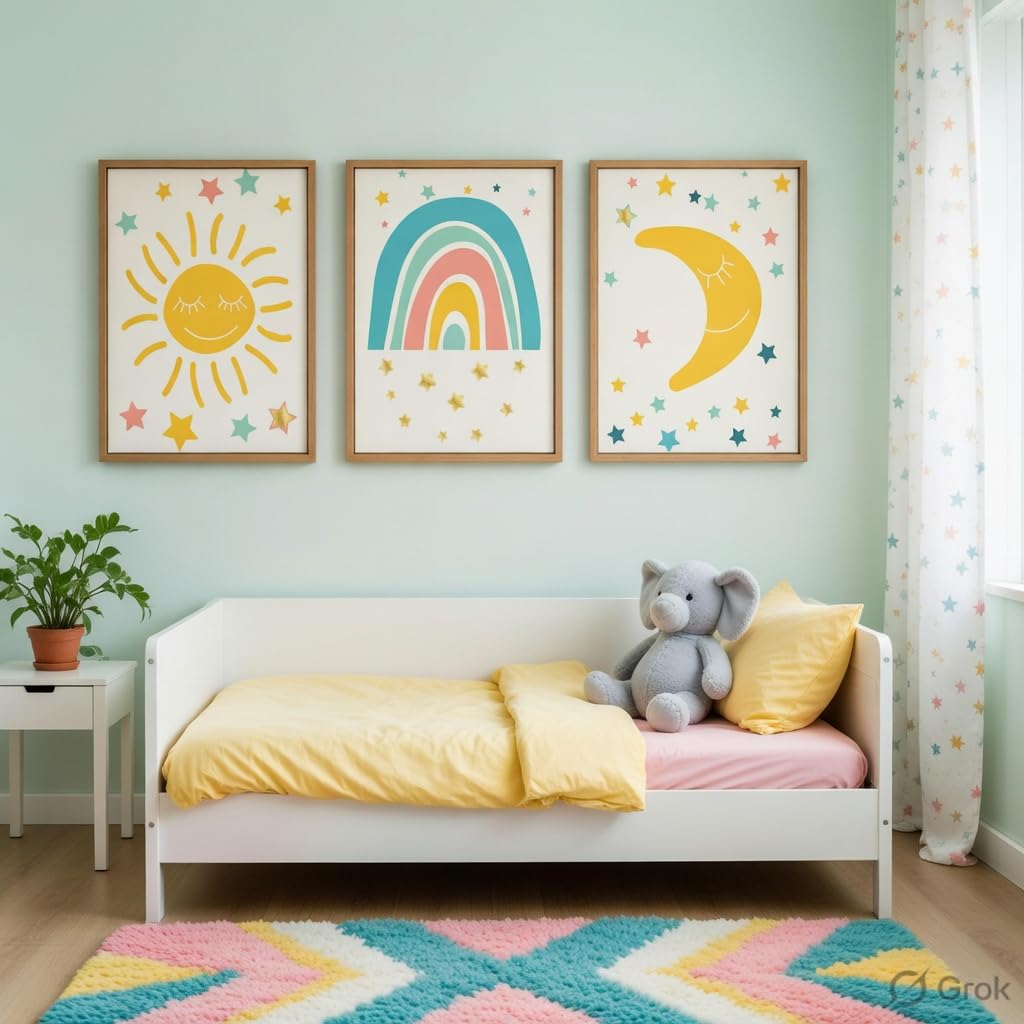 Kids Nursery Wall Painting Set of 3 with Wooden Frames | Sun Rainbow Moon Kids Room Wall Art | HD Sparkle Printed MDF Cartoon Wall Decor for Baby Room, Nursery, Playroom & Bedroom