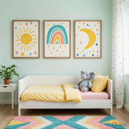 Kids Nursery Wall Painting Set of 3 with Wooden Frames | Sun Rainbow Moon Kids Room Wall Art | HD Sparkle Printed MDF Cartoon Wall Decor for Baby Room, Nursery, Playroom & Bedroom