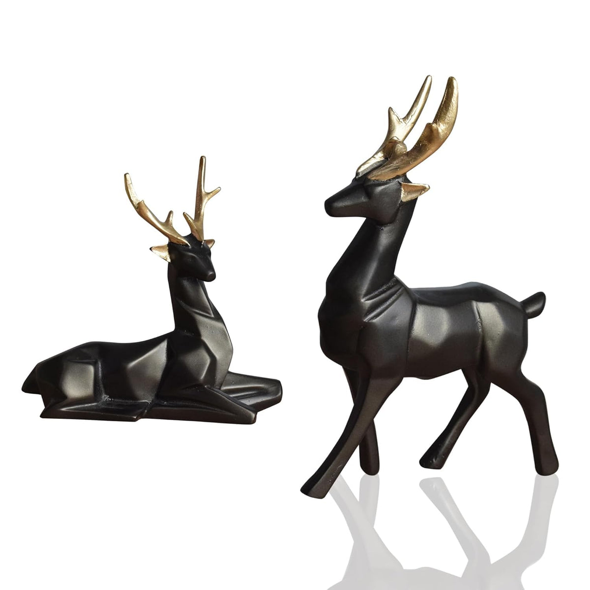 Decorative Resin Deer Figurines, Resin, 25 cm Height, Set of 2, Standing and Sitting Deer Statues Geometric Showpiece for Home Decor | Housewarming Gift (Black)