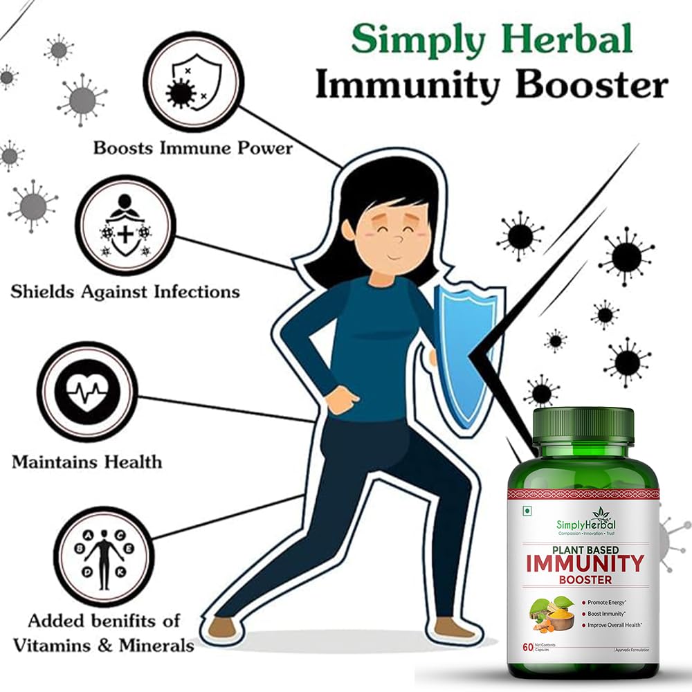 Simply Herbal Plant Based Organic Immunity Booster Capsules for Men & Women, Immunity Blend of Giloy, Haldi, Ashwagandha, Aloe Vera, Laung, Shatawari and Natural Herbs Heath Dietary Supplement, 60 Capsules