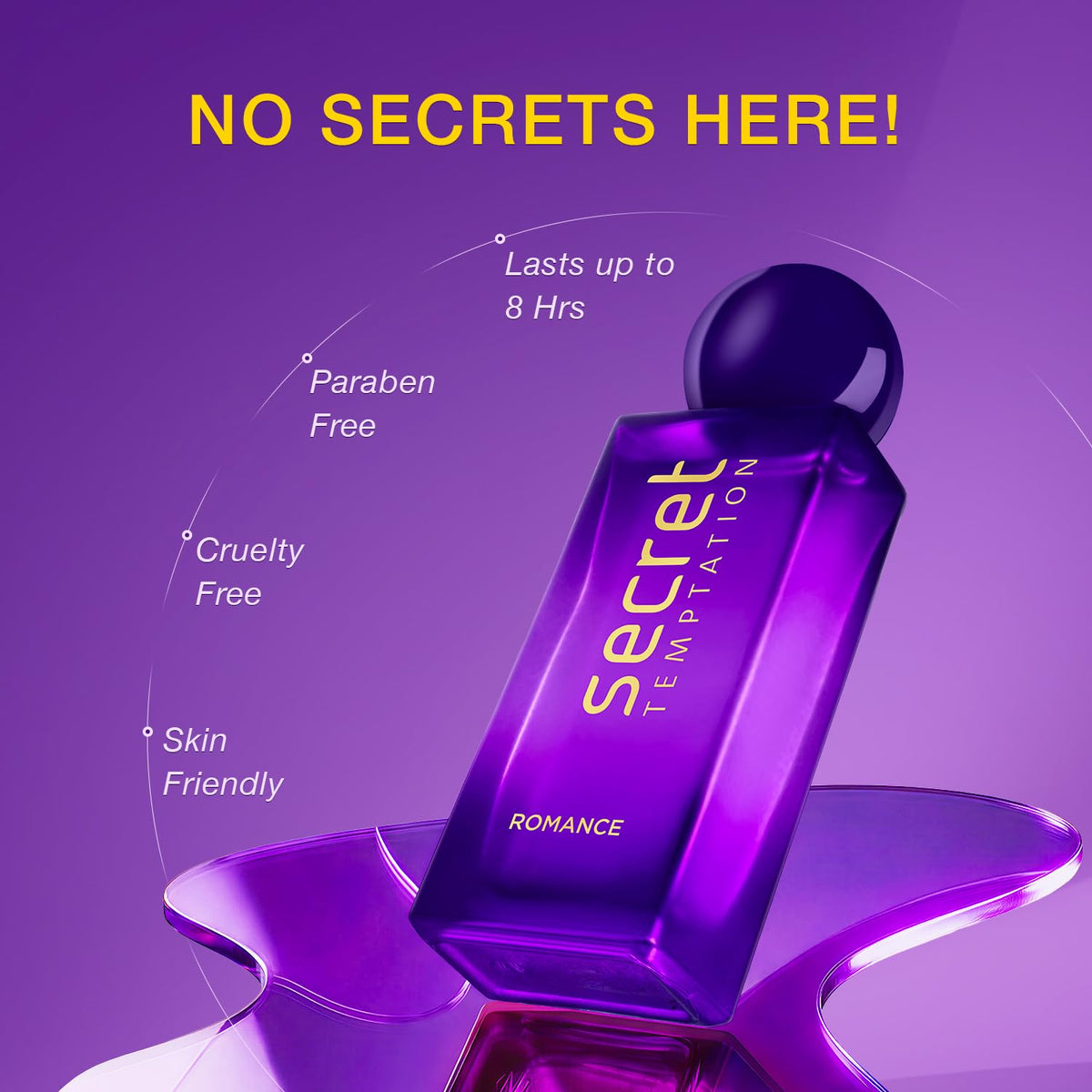 Purple perfume bottle labeled 'Secret Temptation' on a purple background with text highlighting product features.
