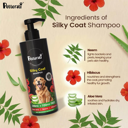 Petterati Silky Coat Dog Shampoo | Aloe Vera, Neem & Hibiscus | Deep Cleansing for Soft, Shiny Coat | 200ml + 100ml Free