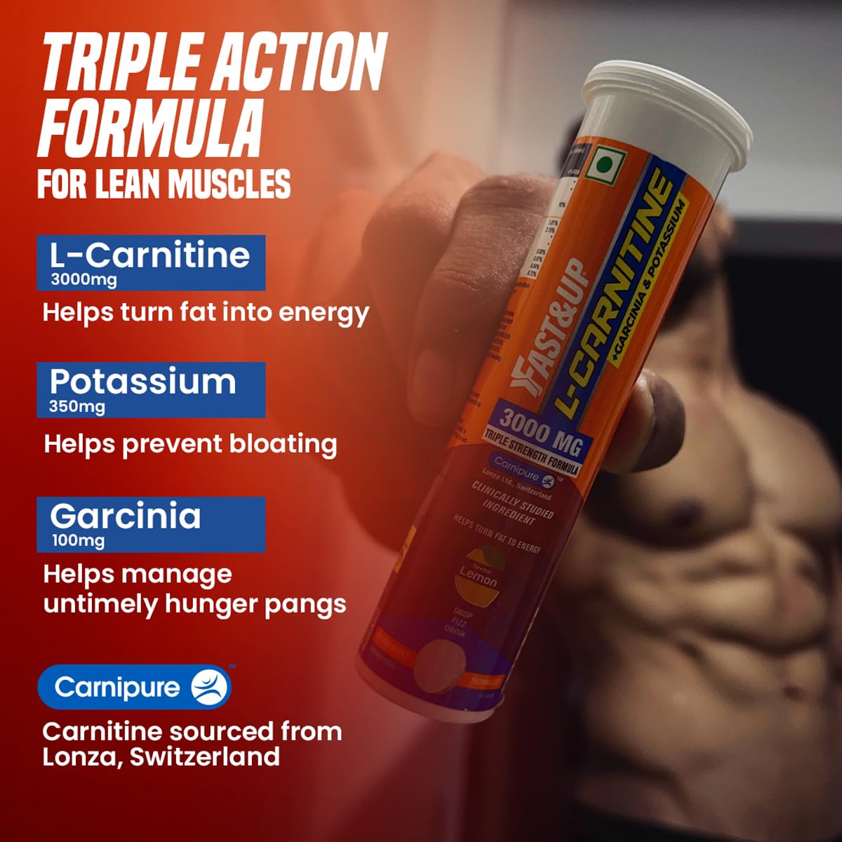 Fast&Up L Carnitine 3000mg Effervescent Tablets | Triple Action L Carnitine Supplement with Garcinia Cambogia & Potassium | Fat Burner for Weight Loss, Energy & Lean Body | Lemon Flavour, 10 Tabs