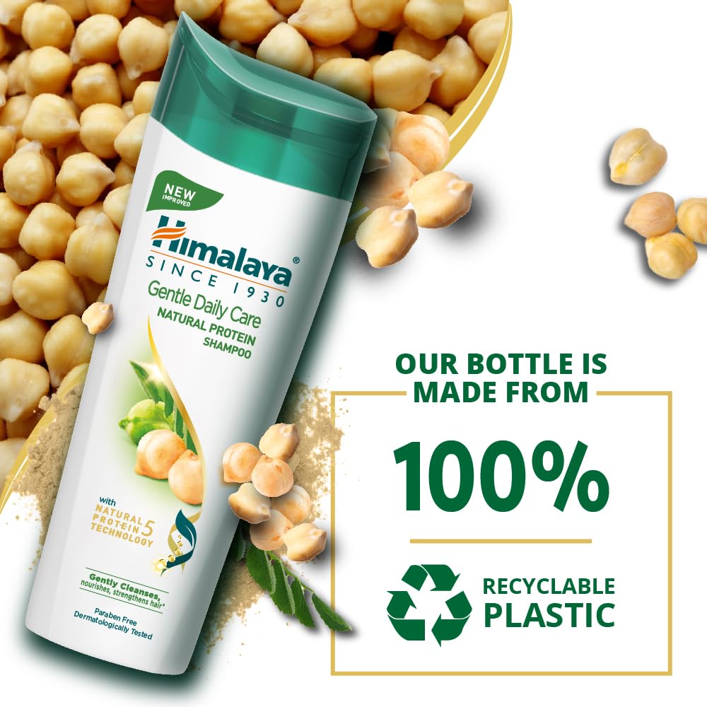 Himalaya Gentle Daily Care shampoo bottle with chickpeas and recycling information on a white background