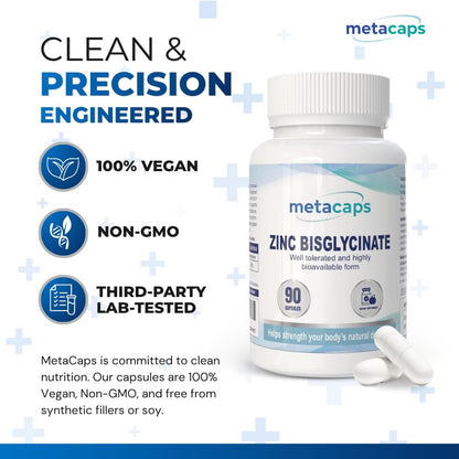 MetaCaps Zinc Bisglycinate – 90 Veg Capsules | High Absorption Chelated Zinc for Maximum Bioavailability | Gentle on Stomach & Non-Nausea Formula | Supports Immune Defense, Skin Health & Hormonal Balance | Vegan & Non-GMO Supplement