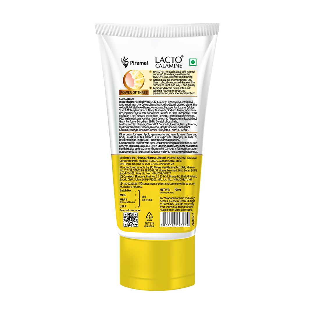 Lacto Calamine sunscreen tube with white and yellow design on a white background