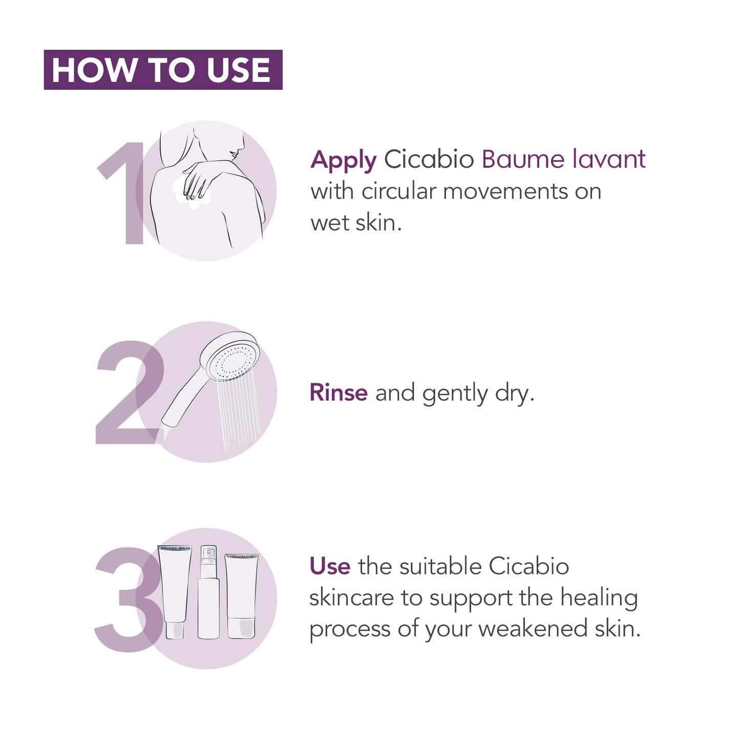 Instructions on how to use Cicabio Baume lavant with circular movements on wet skin, rinsing, and using suitable Cicabio skincare.