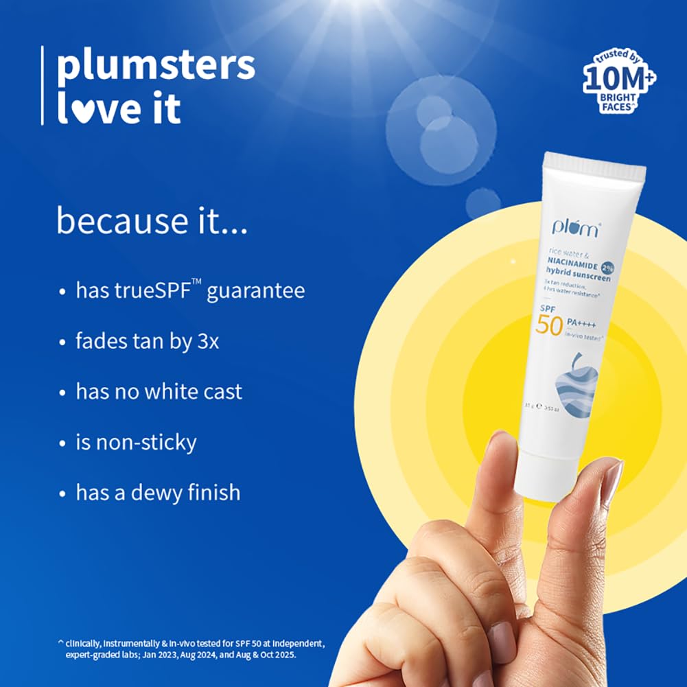Plum 2% Niacinamide & Rice Water Sunscreen SPF 50 PA+++ | for Oily, Dry & Combination Skin | UVA/UVB Protection | Reduces Tan & Brightens Skin | No White Cast & Non-Sticky | for Women & Men | 15g