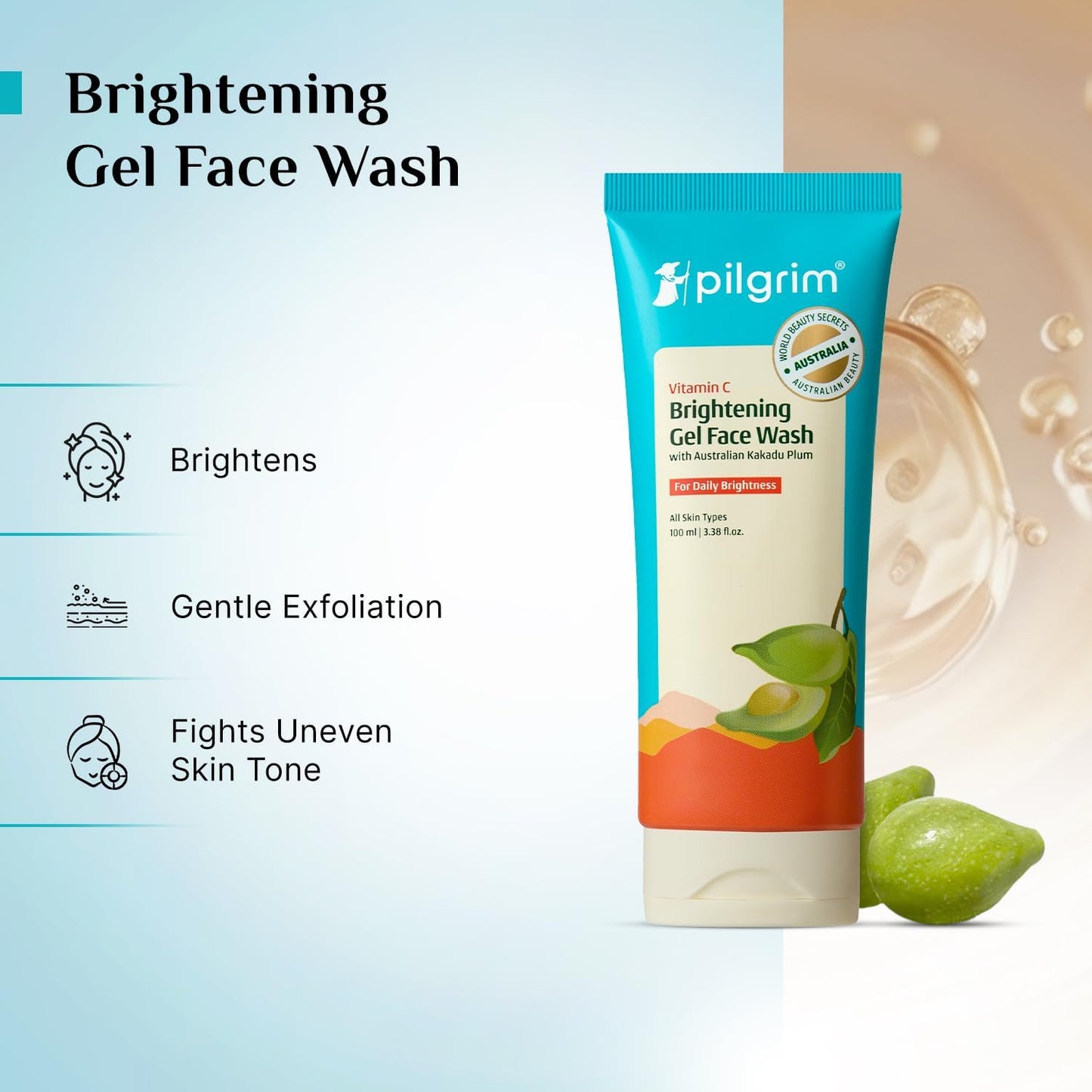 Pilgrim Australian Vitamin C Gel Face Wash for glowing skin with Kakadu Plum & Lime Pearl™ | Face wash for dry & radiant skin | Women & Men | 100 ml