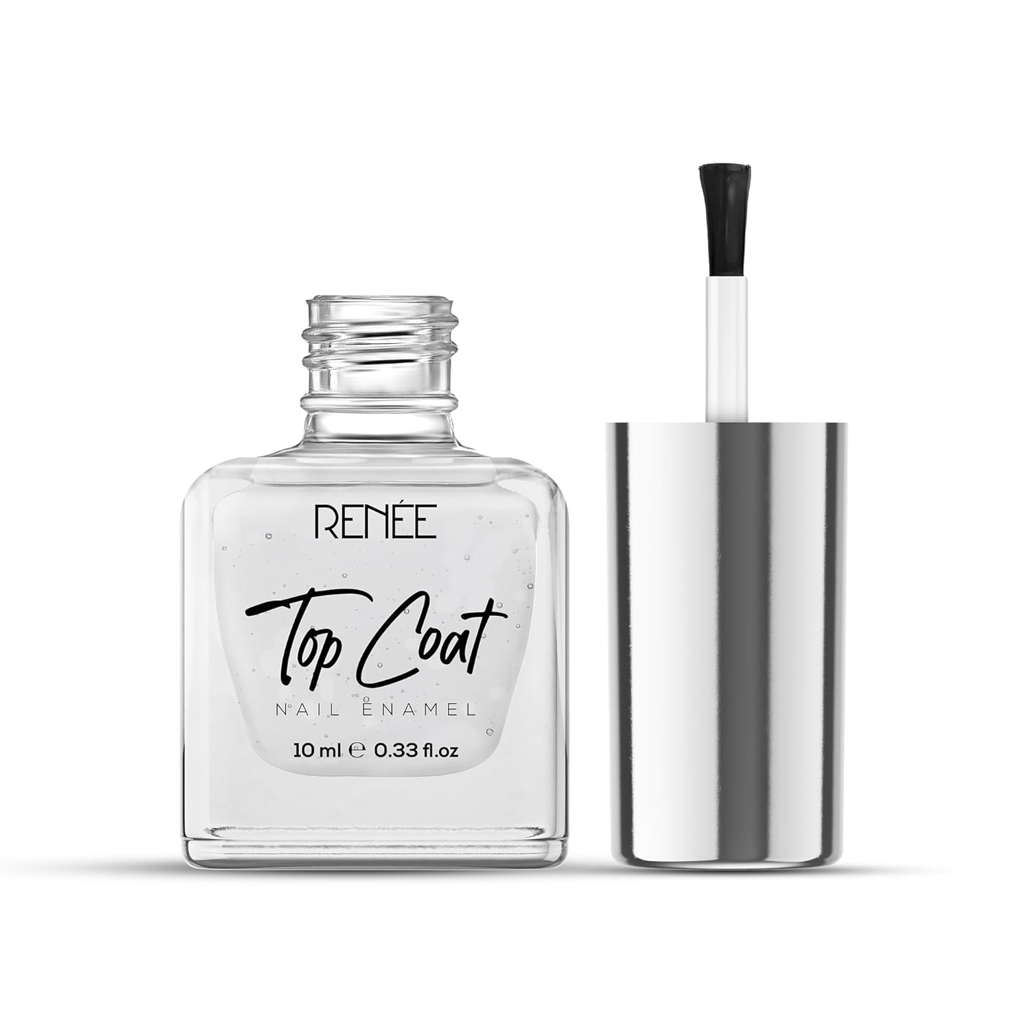 Nail polish bottle with a dropper labeled 'Top Coat' by RENØé on a white background