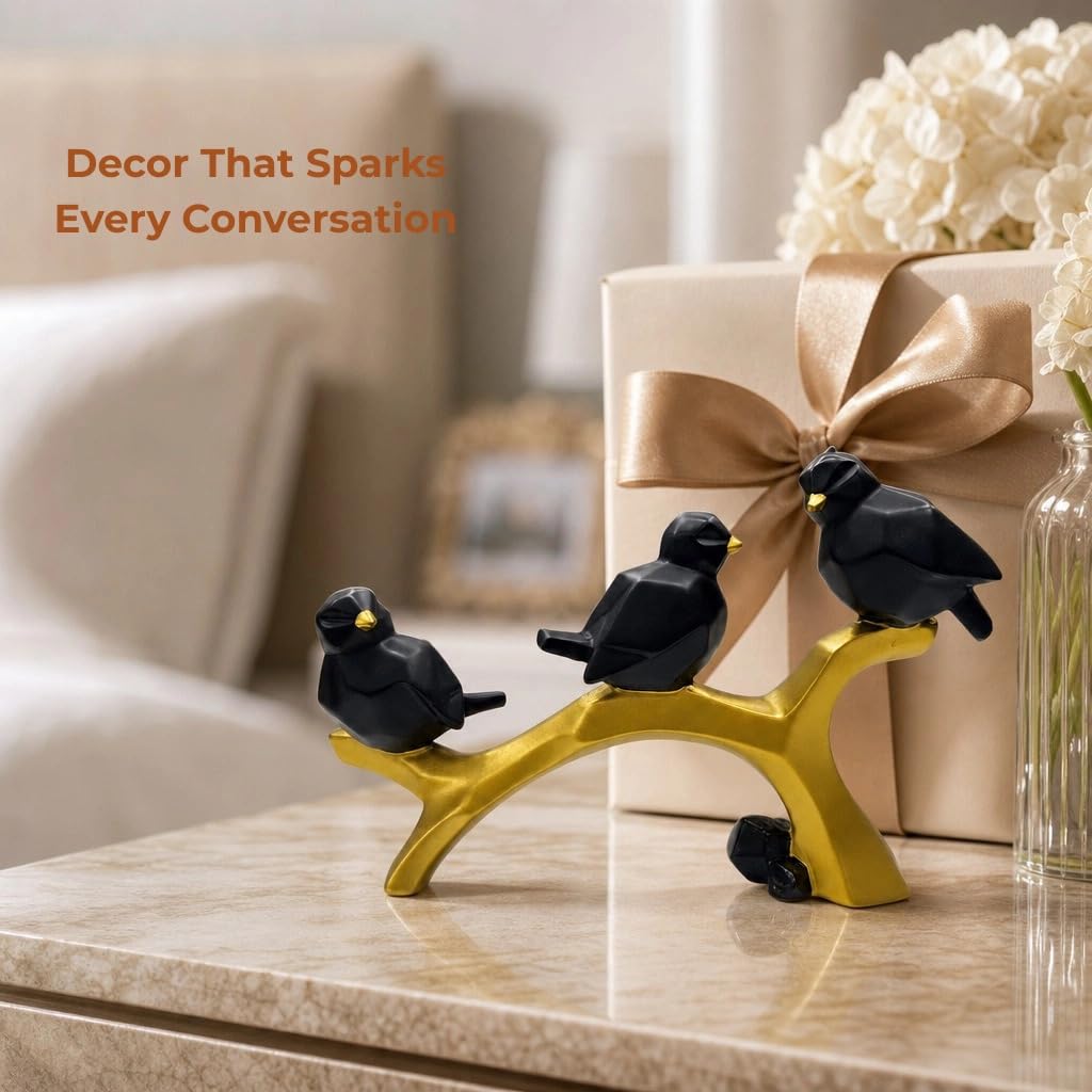 Charming Birds Sculpture Showpiece for Home & Office Décor | Modern Nature-Inspired Figurine for Living Room, Study Table, Shelf & Console Styling - Black and Gold