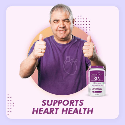 Man giving thumbs up with a supplement bottle labeled 'Healthy Bee' on a purple background