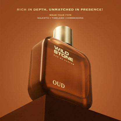 Brown Wild Stone Oud perfume bottle on a brown background with text.