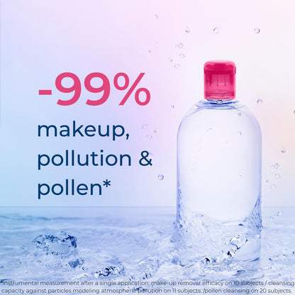 Bottle of makeup remover with text indicating effectiveness against makeup, pollution, and pollen on a light blue background.