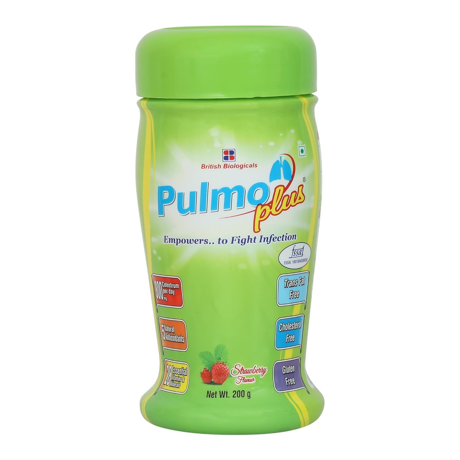Green container of Pulmo Plus with branding and product details on a white background