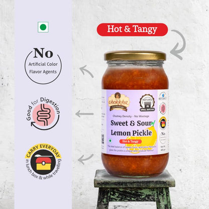Chokkha Distinctly Different and Delicious Sweet & Sour Lemon Chutney | All in 1 Flavor - Sweet, Sour, Tangy, Spicy | Made with Juiciest Lemons | Traditional Family Recipe | Good for Traveling | No Vinegar, Colors or Additives | 100% Oil-Free | 400 Gm