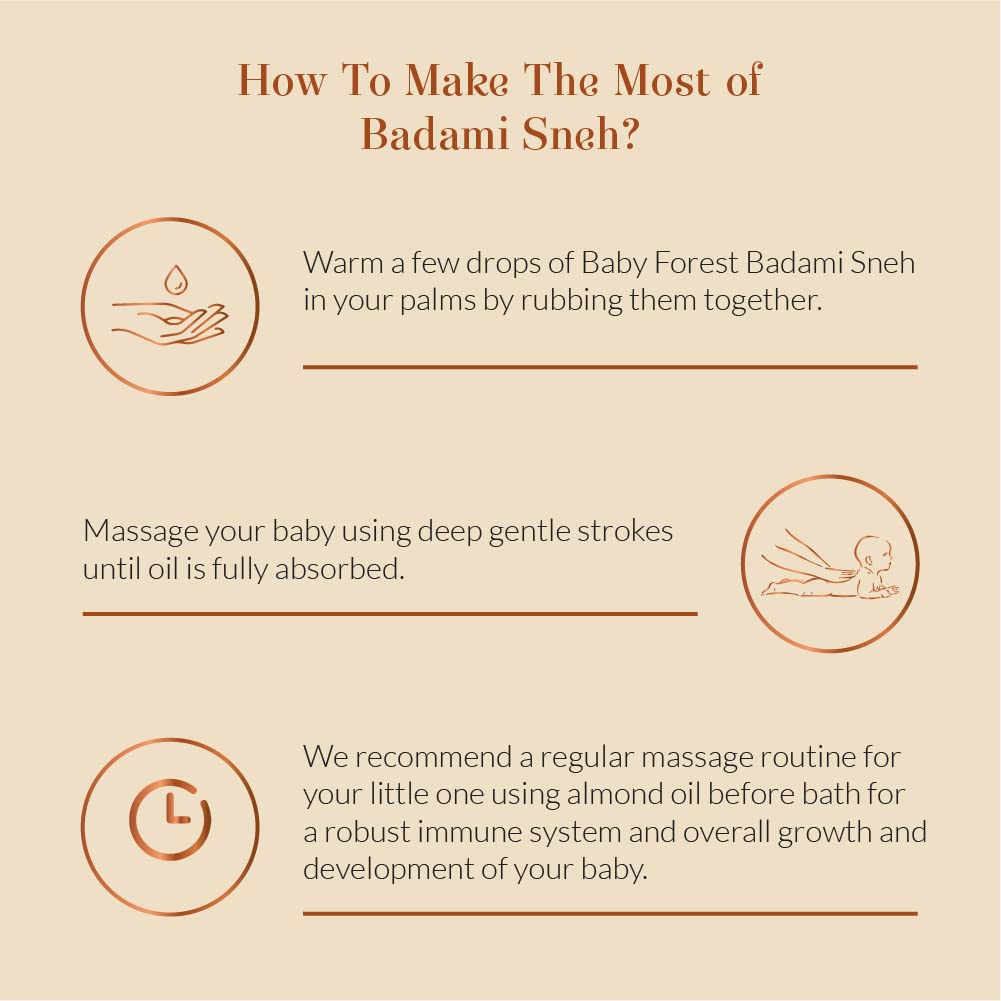 Instructions on how to use Badami Sneh for baby massage on a beige background