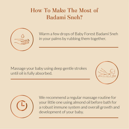 Instructions on how to use Badami Sneh for baby massage on a beige background