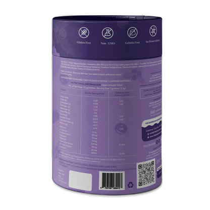 Purple cylindrical container with nutritional information and certification icons on a white background