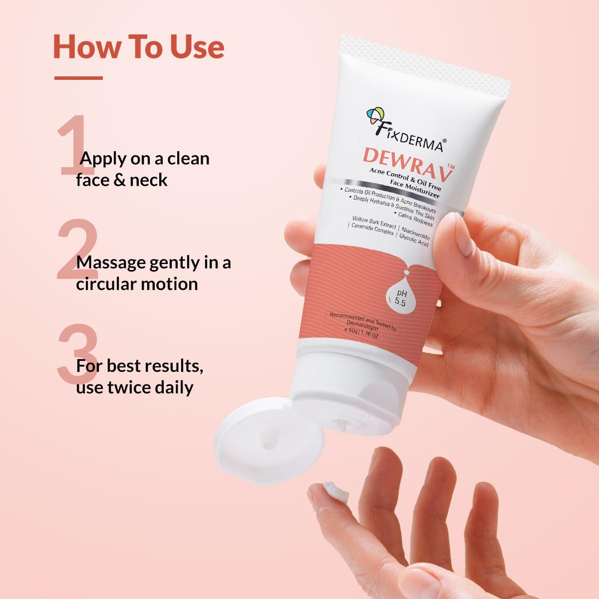 Fixderma Dewrav Acne Control & Oil Free Moisturizer for Face with Glycolic Acid | Niacinamide | Oily Skin | Face Moisturizer for Women & Men - 50 gm
