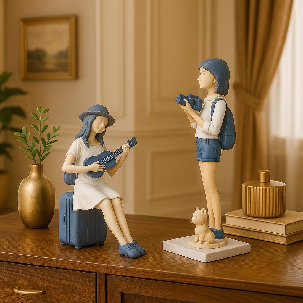 Cute and Elegant Girls Statue for Home Decor | Table Decor (Pack of 2, White & Blue)