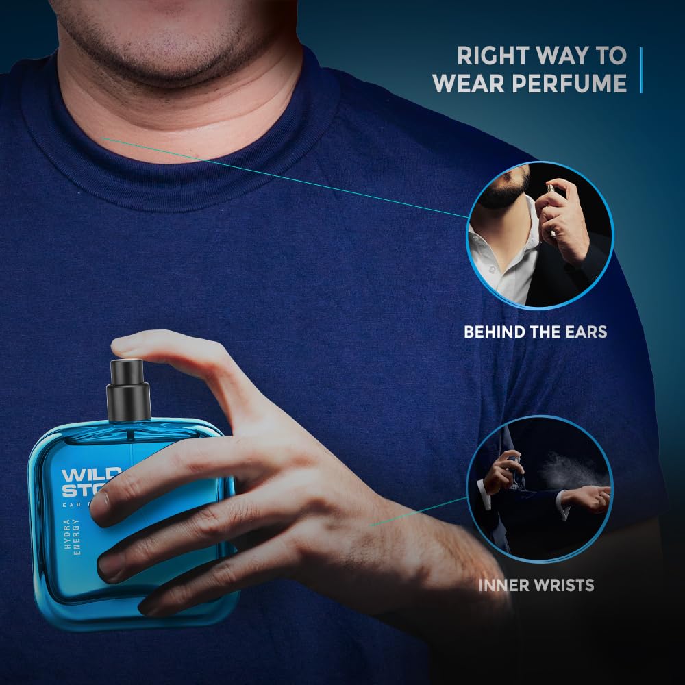 Person holding a blue Wild Storm perfume bottle with instructional text on applying perfume.