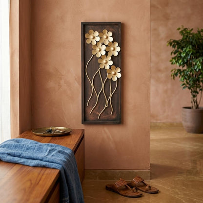 Premium Golden Floral Metal Wall Decor with Antique Brown Rectangular Frame | 3D Flower Wall Art Hanging for Living Room, Bedroom, Hallway & Home Decoration