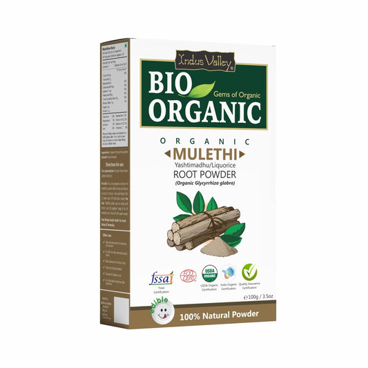 Box of Bio Organic Mulethi Root Powder with branding and product details on a white background