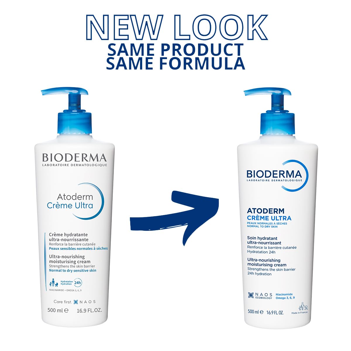 Two bottles of Bioderma Atoderm Crème Ultra with a blue arrow pointing from one to the other, labeled 'New Look Same Product Same Formula'.