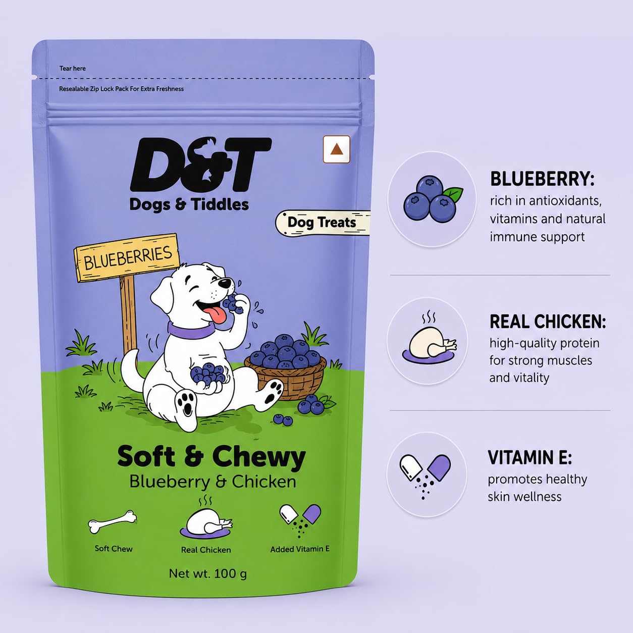 Dogs & Tiddles Blueberry & Real Chicken Dog Treats for Puppies & Adult Dogs, 100g | Soft & Chewy Puppy Treats | Easily Digestible and Healthy|Tasty Training Treats and Dog Snacks