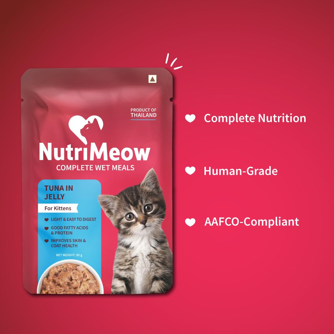 NutriMeow Tuna in Jelly Kitten Wet Food - 80gm | High Protein, Nutritious & Tasty Cat Pouch | Complete Balanced Food | Supports Growth & Development for All Kitten Breeds