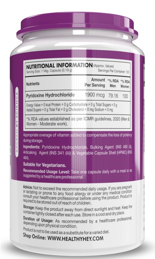 Zephivo HealthyHey Nutrition Vitamin B6 Pyridoxine -120 Veg. Capsules
