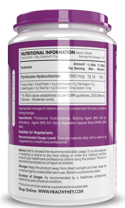 Zephivo HealthyHey Nutrition Vitamin B6 Pyridoxine -120 Veg. Capsules
