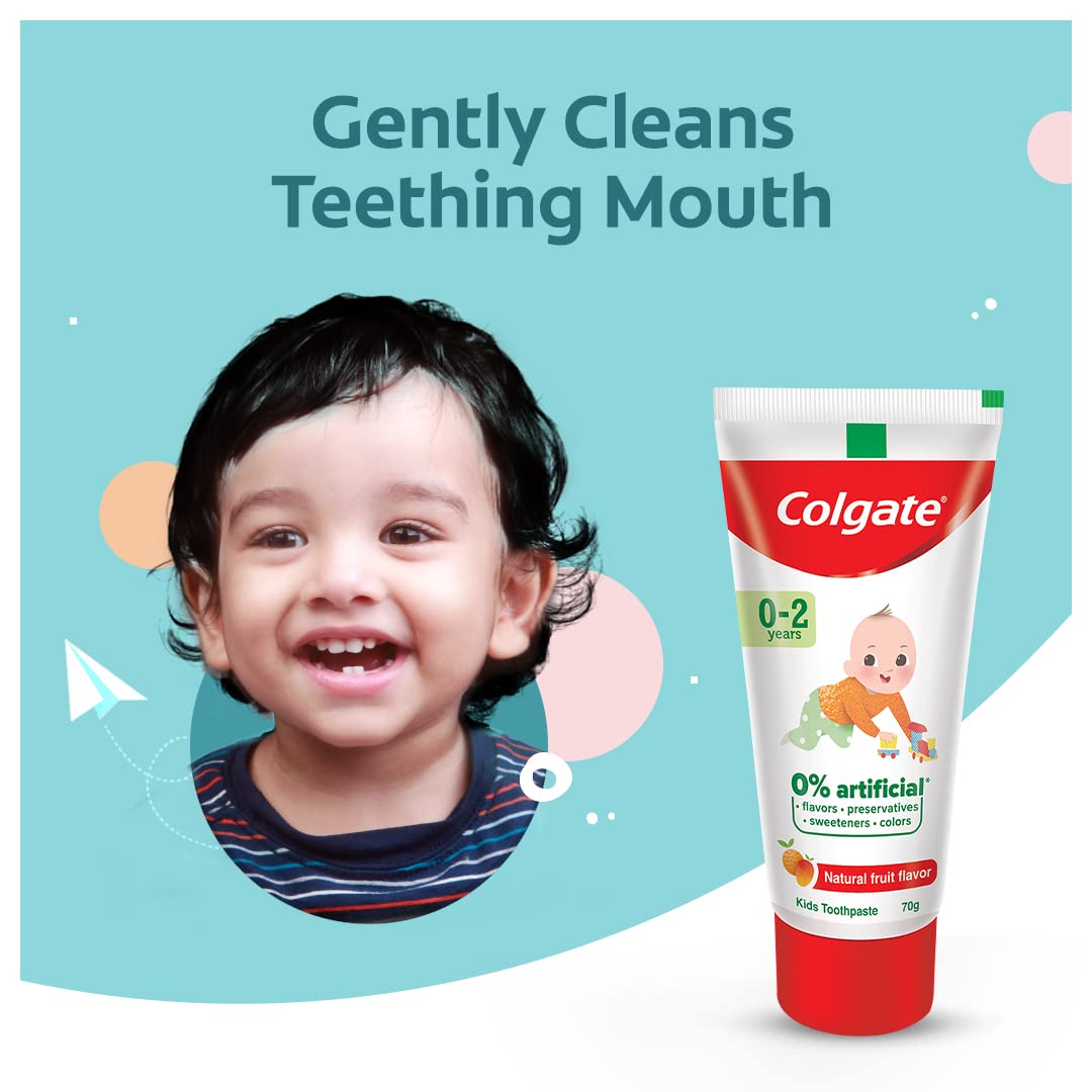 Colgate Toothpaste For Kids Cavity Protection (0-2 Years), Natural Fruit Flavour Tooth Paste, Sls & Fluoride Free - 70G Tube (Pack of 2)