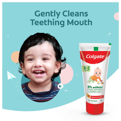 Colgate Toothpaste For Kids Cavity Protection (0-2 Years), Natural Fruit Flavour Tooth Paste, Sls & Fluoride Free - 70G Tube (Pack of 2)