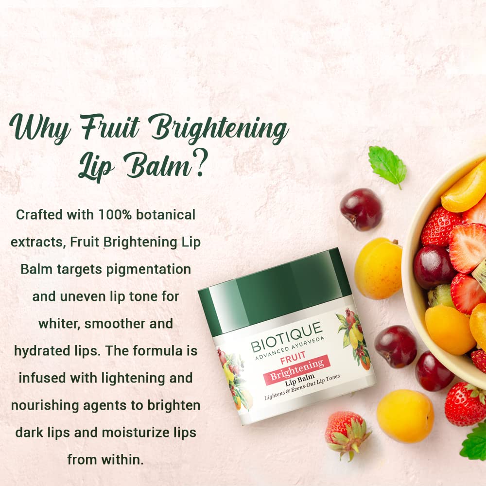 Biotique Fruit Whitening/Brightening Lip Balm SPF 50 | Hydrated and Nourishing Lips | Visibly Lighter Lips | Evens Out Lip Tone | De-pigmentation Balm |100% Botanical Extracts| All Skin Types | 10gm