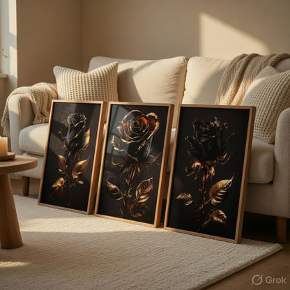 Black Gold Rose Wall Painting Set of 3 with Wooden Frames | Luxury Floral Artwork HD Sparkle Laminated MDF Wall Decor | Elegant Rose Wall Art for Living Room Bedroom Office