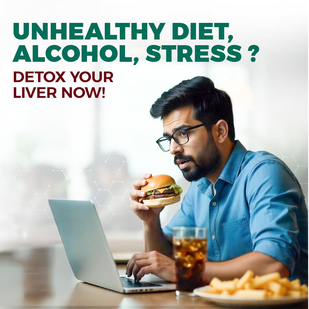 Man holding a burger and a drink with text about detoxing the liver.