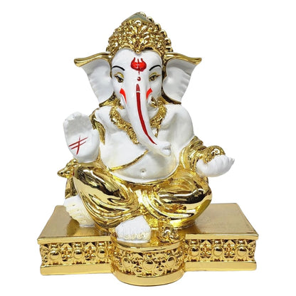 Gold Art India Gold Plated White Gaddi Ganesh Idol for Home Decor Ganesha Murti Ganpati Idol for Office Desk Puja Lord Ganesh Statue for Gifting Ganpati Idol for Mandir Pooja Room Figurine